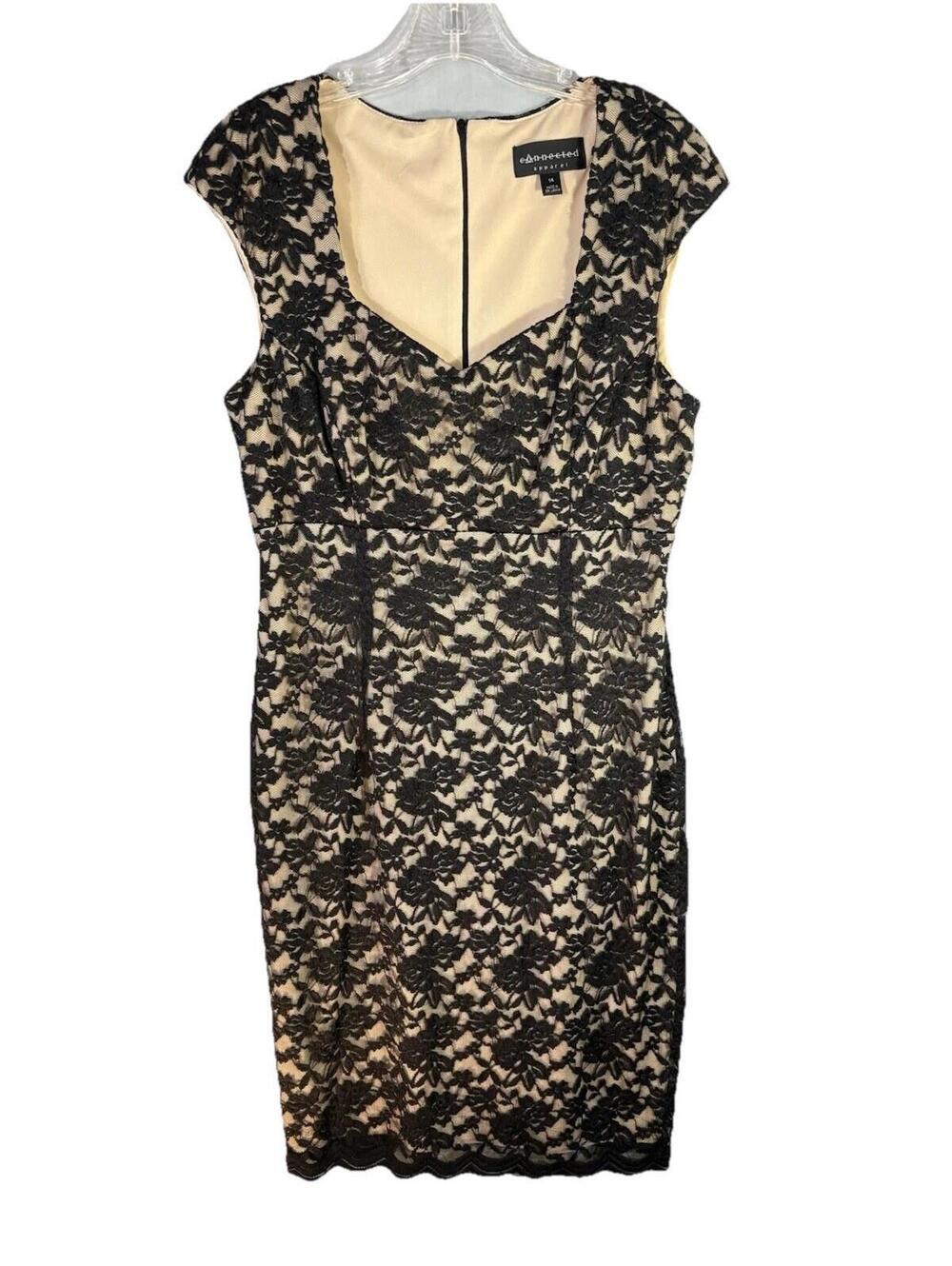 Connected Apparel Black Nude Floral Lace Sheath Cocktail Dress Size 14
